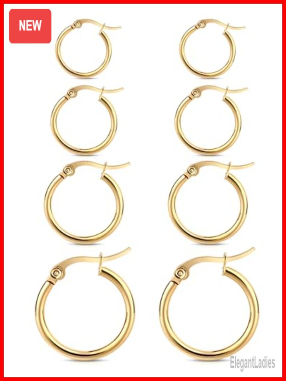 14K Gold Plated Stainless Steel Huggie Hoop Earrings Set 4 Pairs